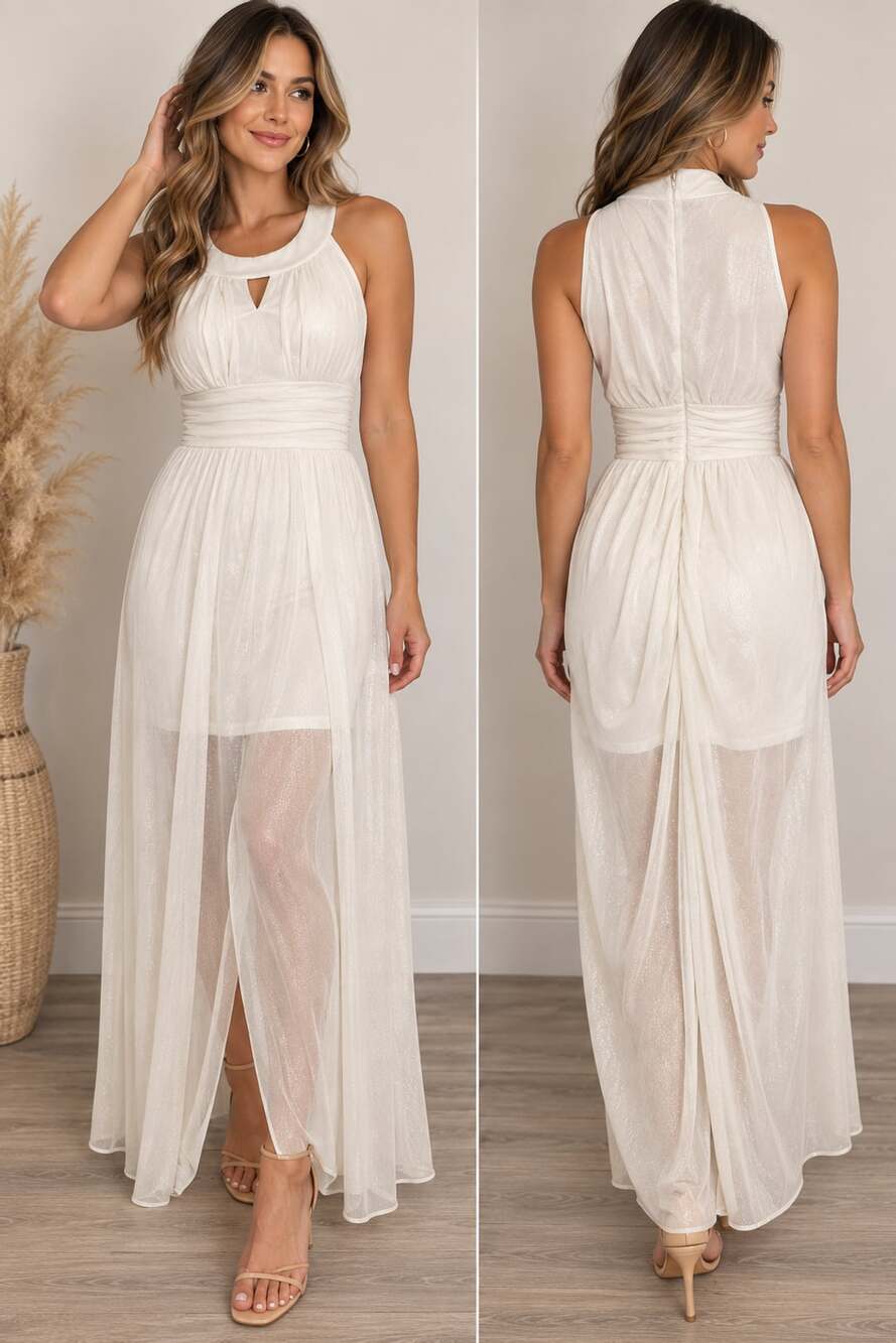 Sweet Storm Dress Size L White Metallic Sparkle Halter Keyhole Maxi